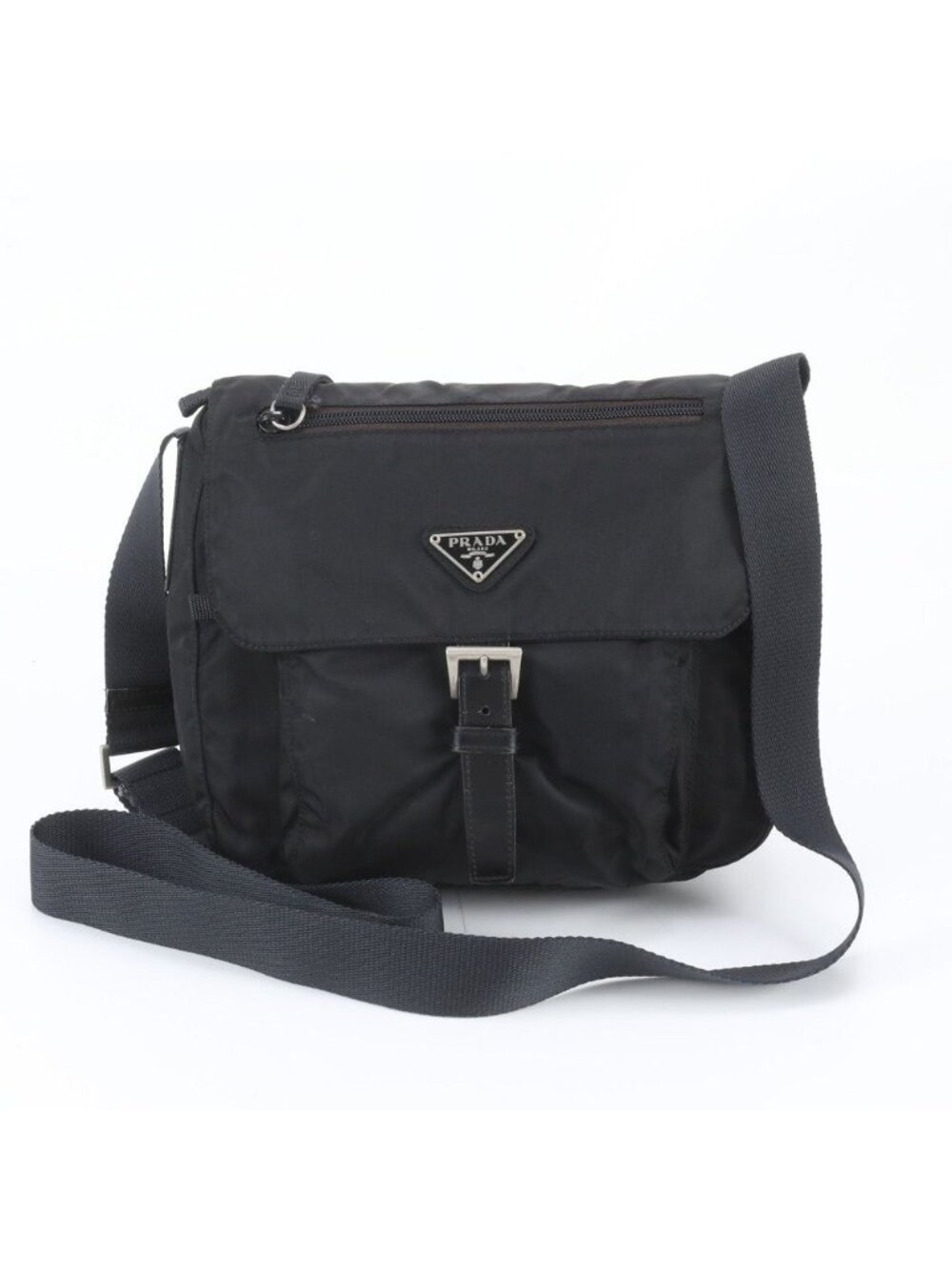 Prada Tessuto Nylon Triangle Logo Leather Shoulder Bag Crossbody Black